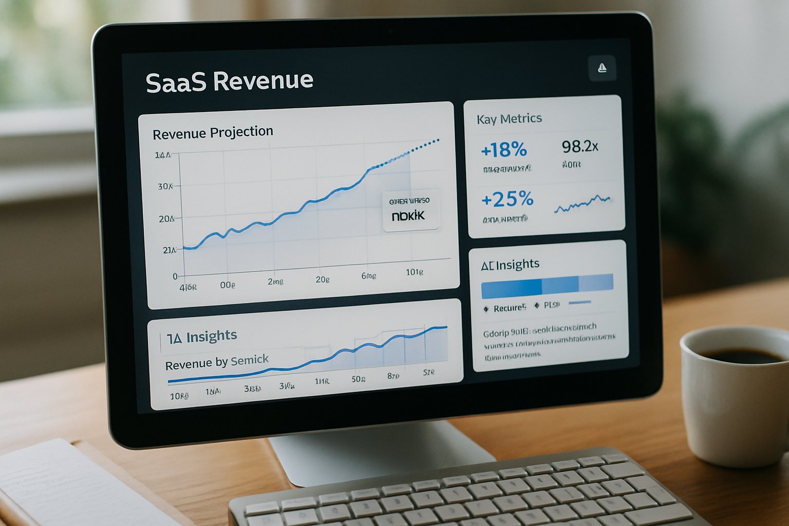 Detailed dashboard of AI Revenue Forecast Models with SaaS metrics on a computer screen