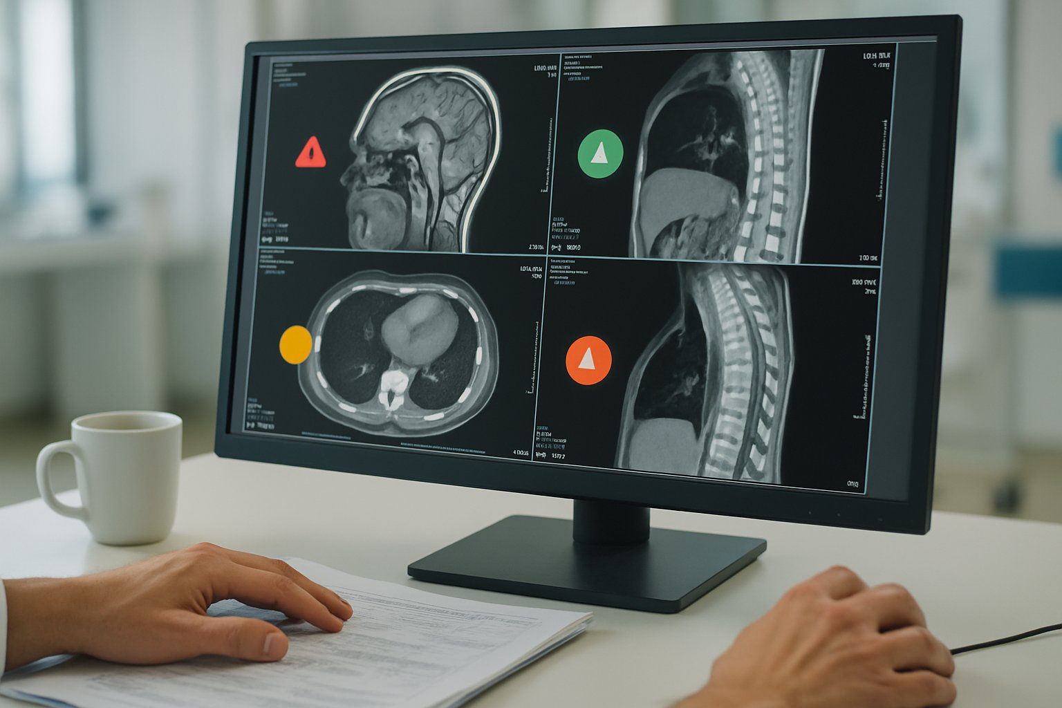AI radiology triage models highlighting urgent cases on a medical imaging workstation screen.