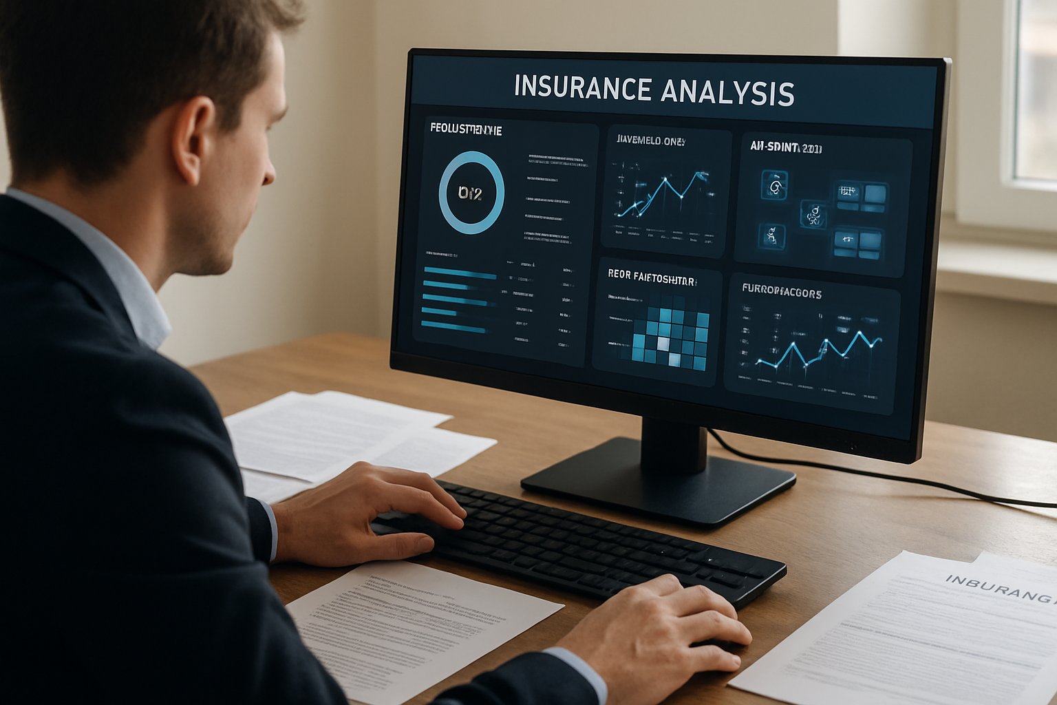 Insurance Workflow AI dashboard on analyst's desk in a real business environment