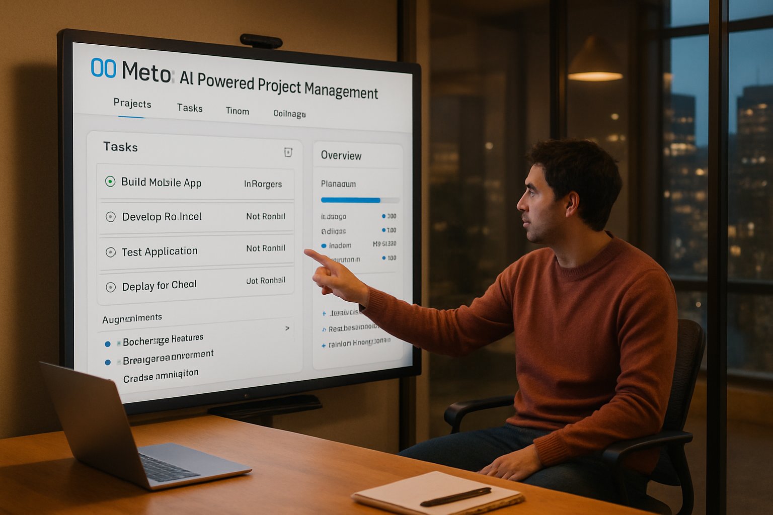 Engineer using Meta’s AI to manage projects solo in a modern office.