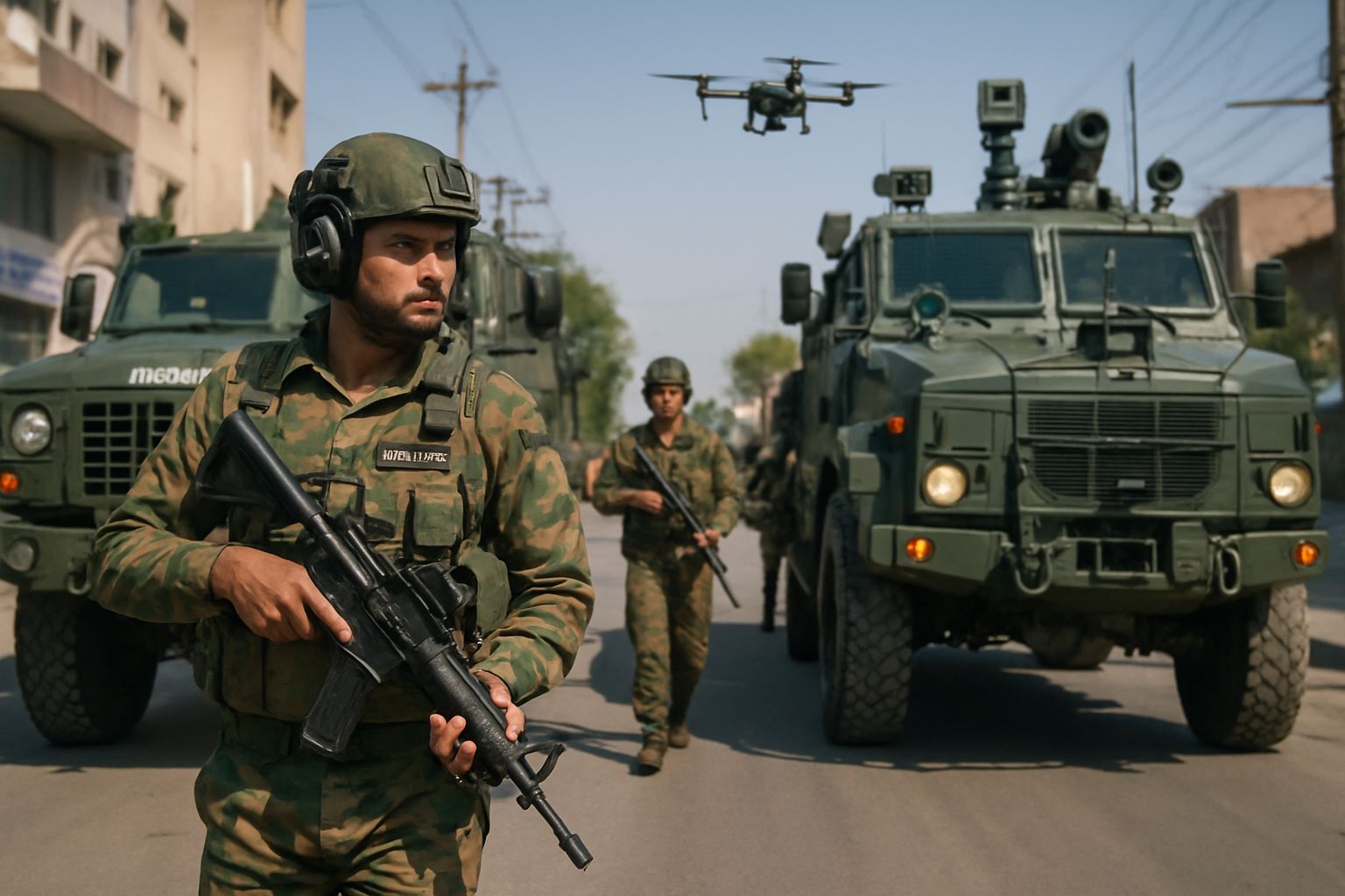 India Defense soldiers with modern vehicles and drone support