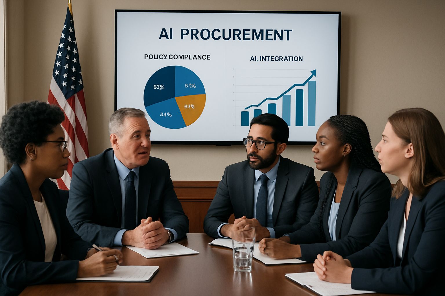 Federal employees discussing Government AI Procurement Frameworks in a boardroom meeting.