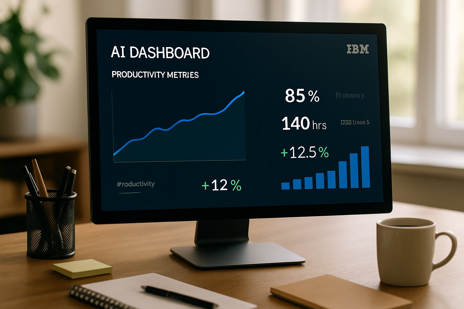 IBM Productivity dashboard with AI-driven growth metrics on office computer
