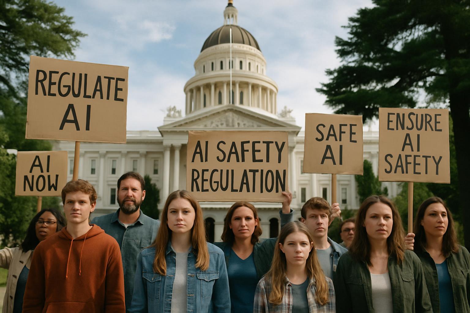 Protestors support AI Safety Regulation at California Capitol.