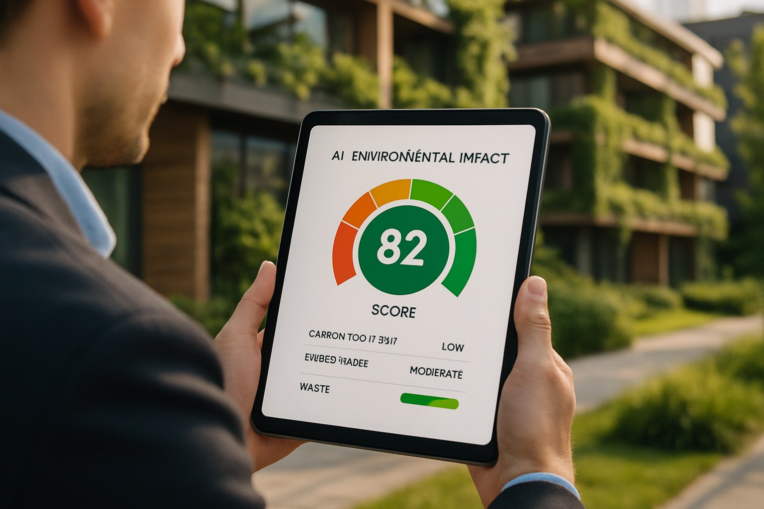 Tablet shows AI-Driven Environmental Impact Scoring app in eco-friendly setting.