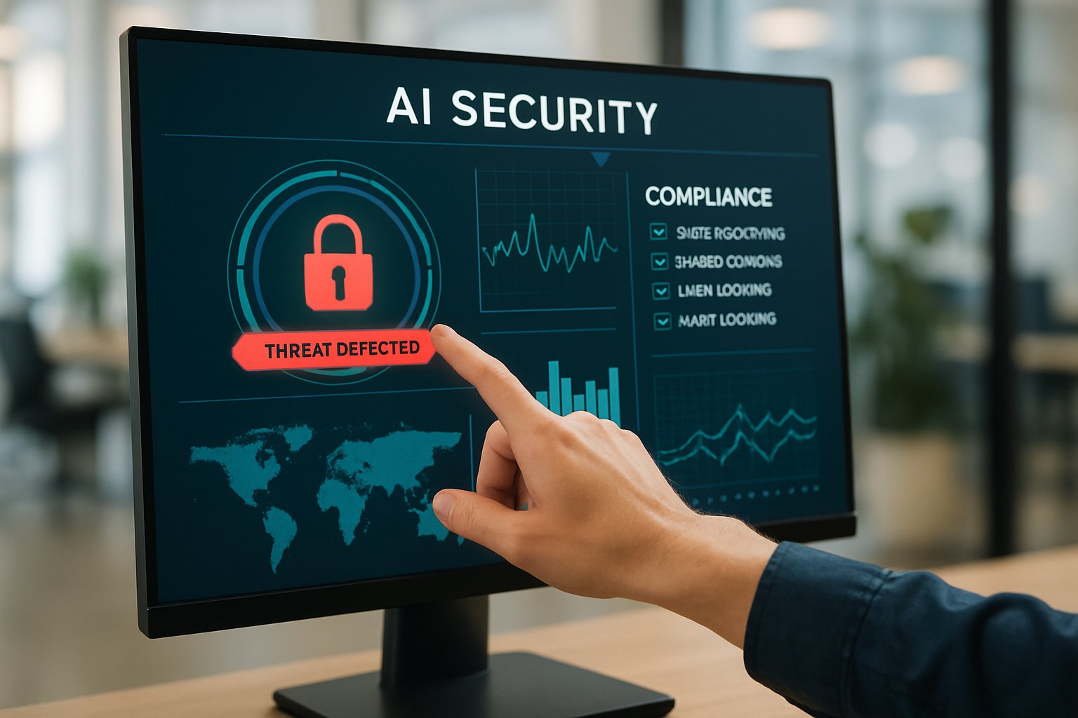 AI Cybersecurity dashboard displaying real-time security and compliance updates.