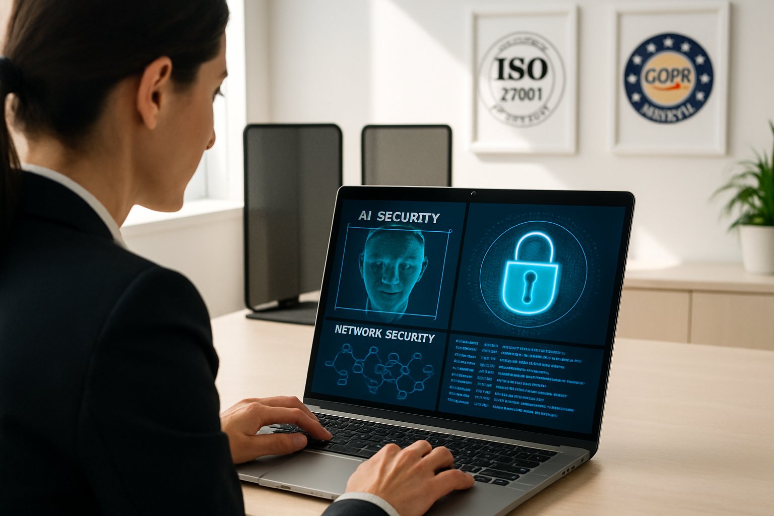 Businesswoman uses AI Security software to monitor fraud trends and ensure compliance in 2026.