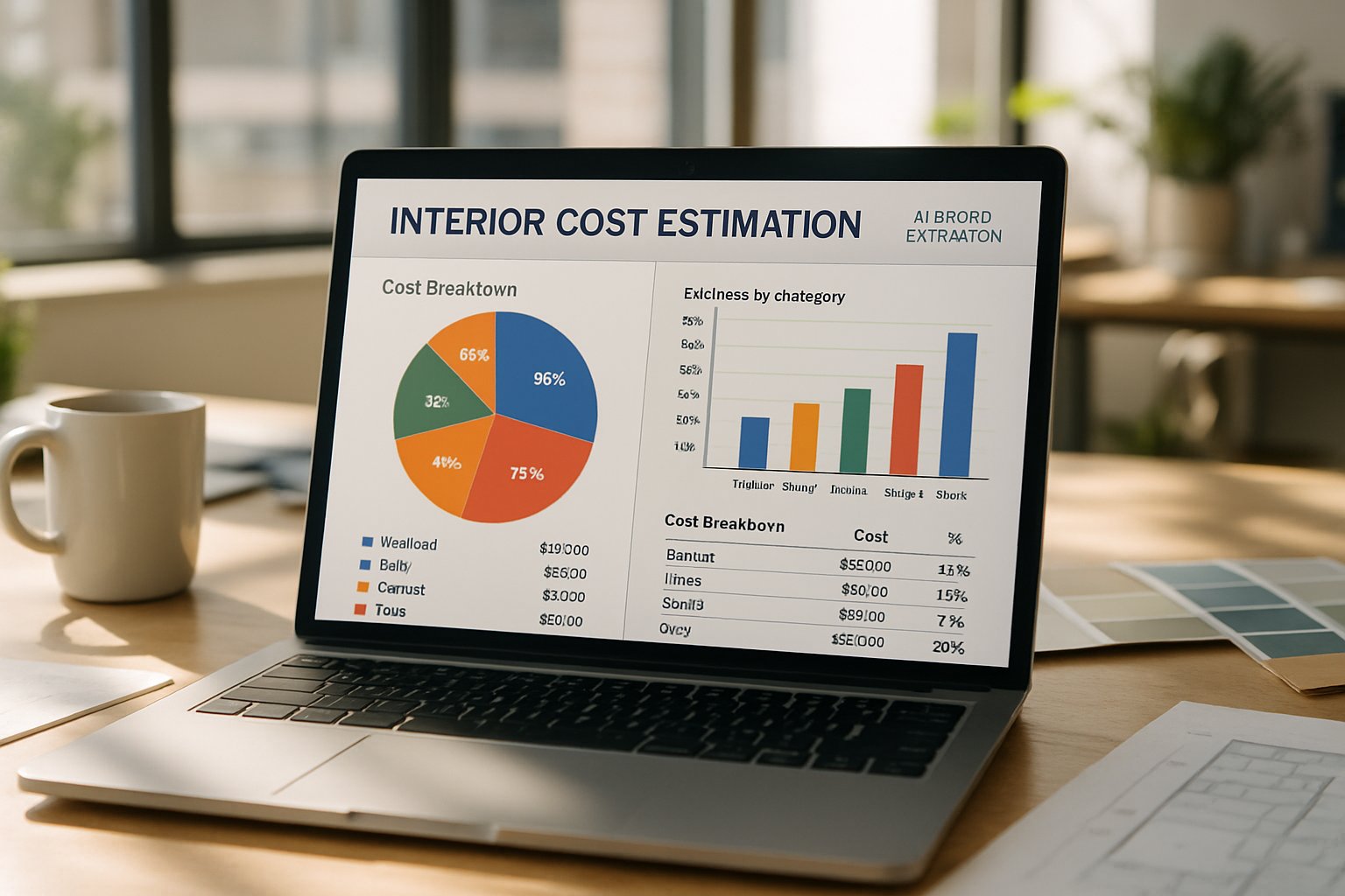 Laptop running AI-Driven Interior Cost Estimation Tools in real office