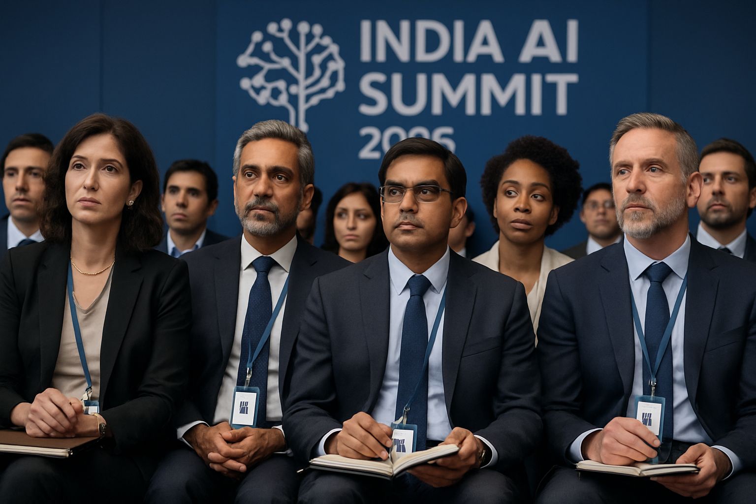 Tech leaders listening to keynote at India AI Summit 2026 event.