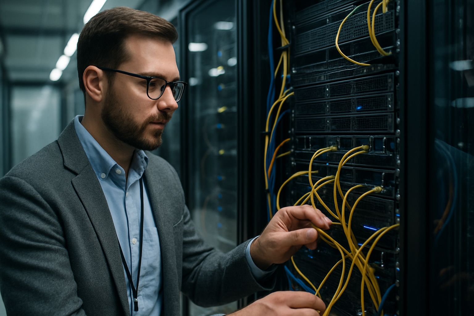 Engineer analyzing data center servers for Philosophical AI Systems infrastructure improvements.