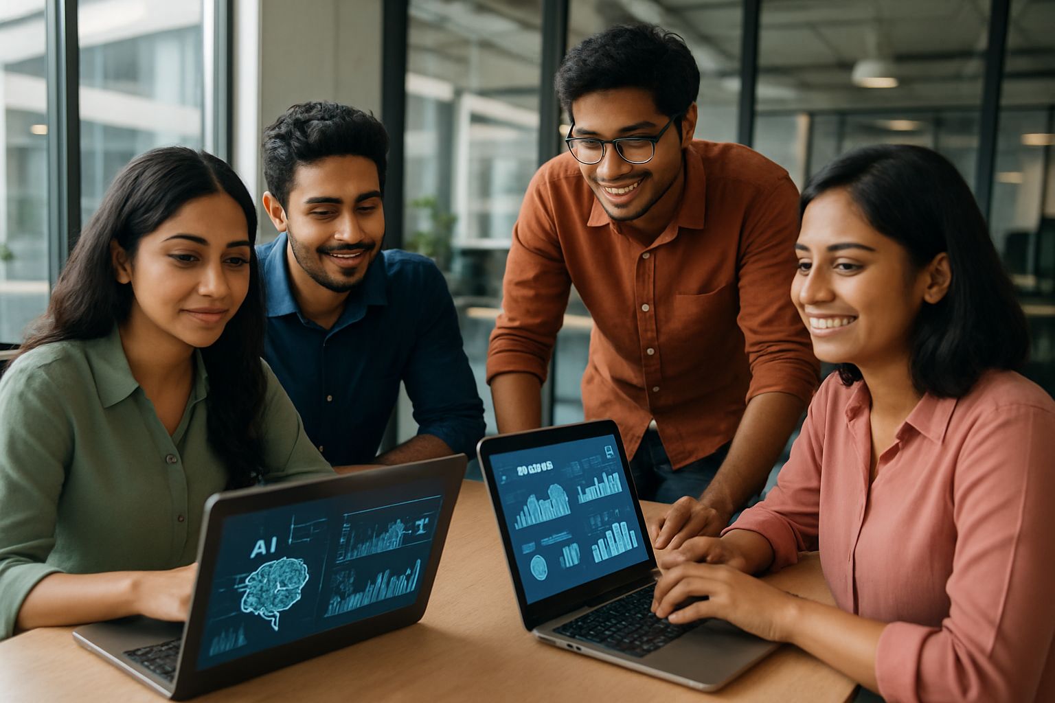 Young Indian tech professionals working on Budget 2026 AI projects in a modern office.