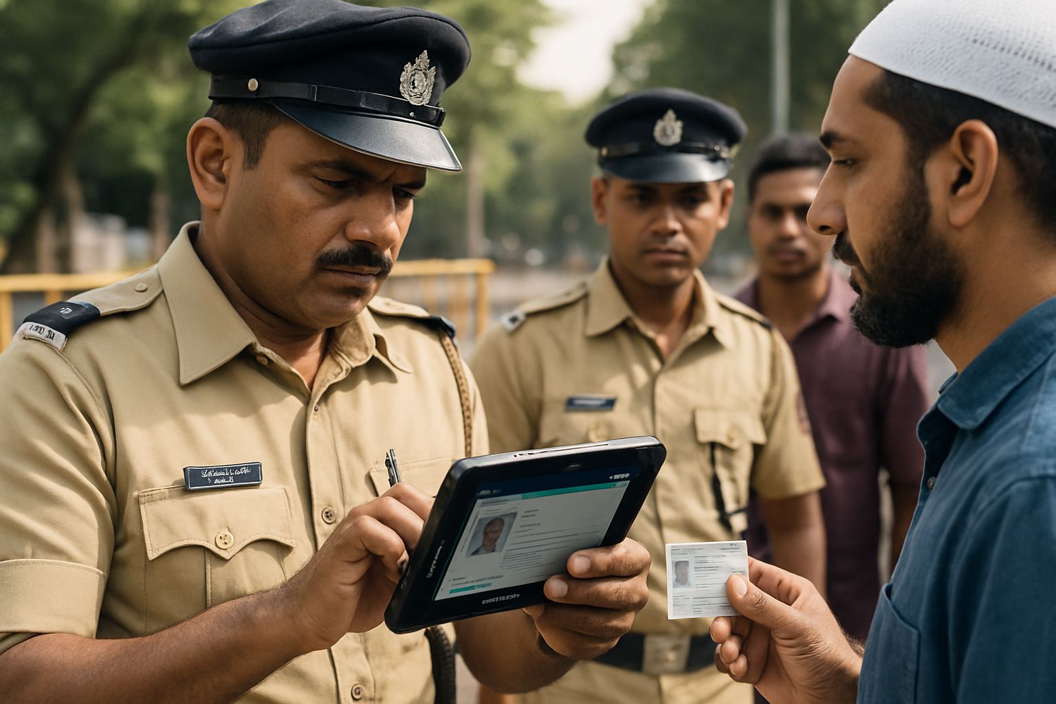 Maharashtra AI immigrant identification officers using handheld device at checkpoint