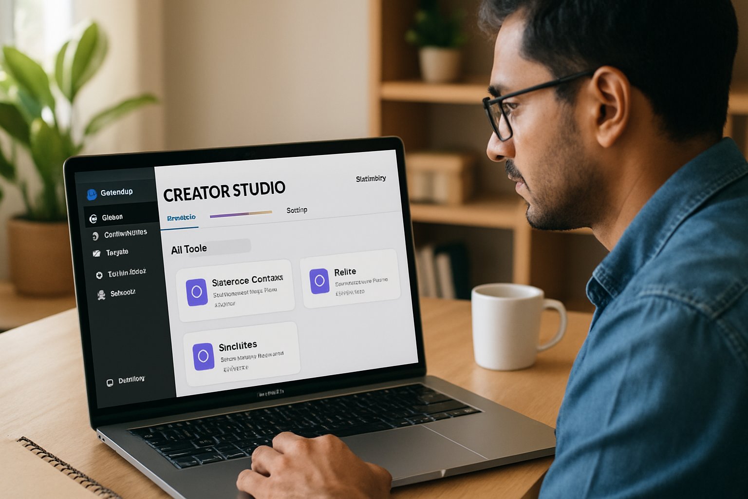 Creator Studio interface with AI tools on MacBook in Indian workspace.