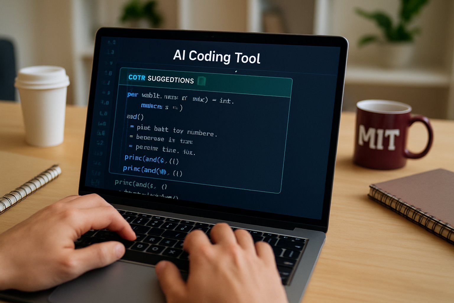 Engineer using AI Coding Tools for code suggestions on a laptop.