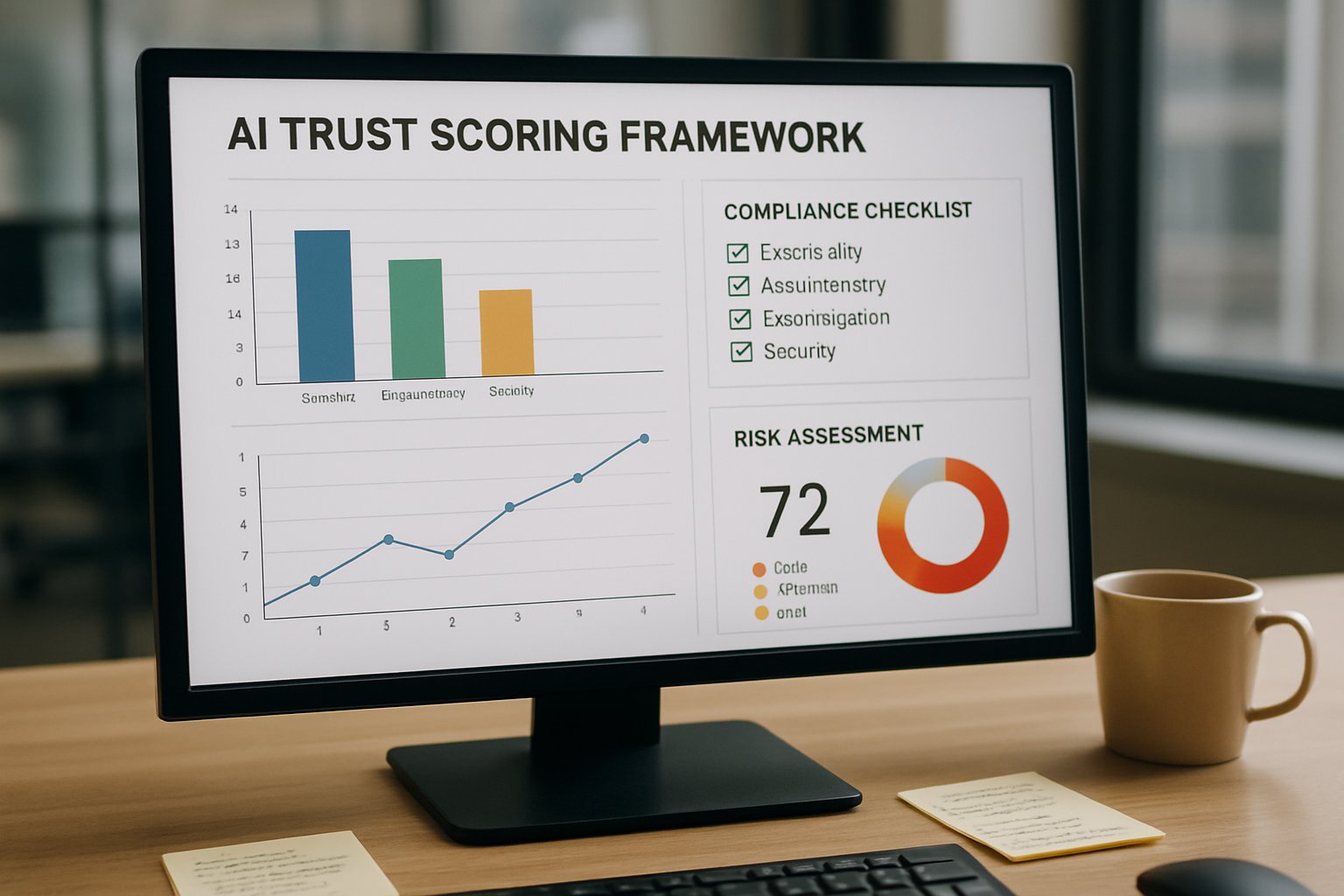 computer screen displaying AI Trust Scoring Frameworks dashboard for risk assessment