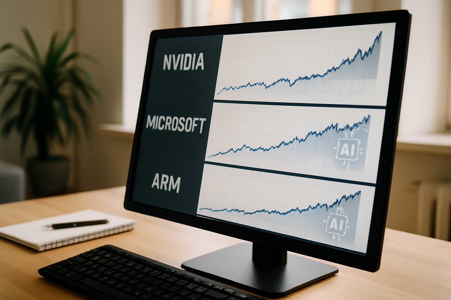 Stock charts for NVIDIA Microsoft Arm with AI Market Efficiency indicators