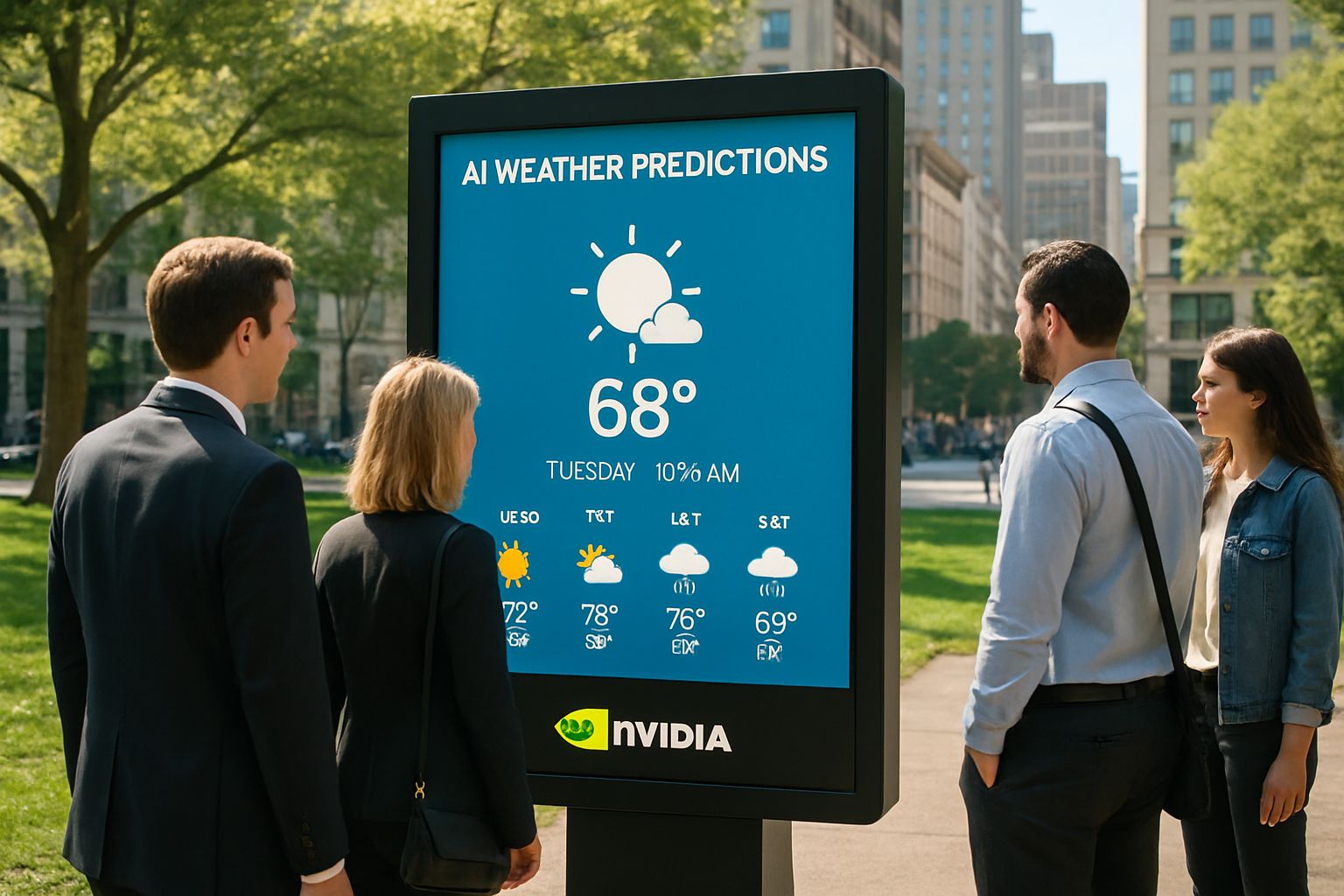 City park digital display shows Nvidia AI weather forecast to everyday people.