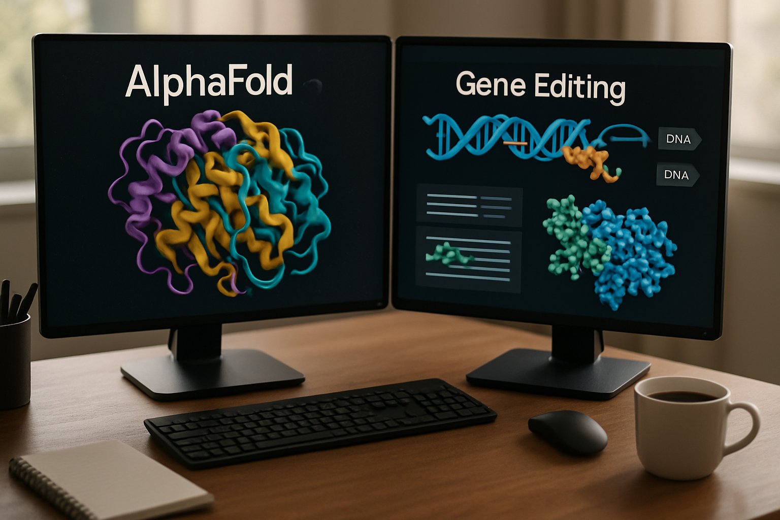 AlphaFold3 interface with protein predictions and gene editing tools on computer screens.