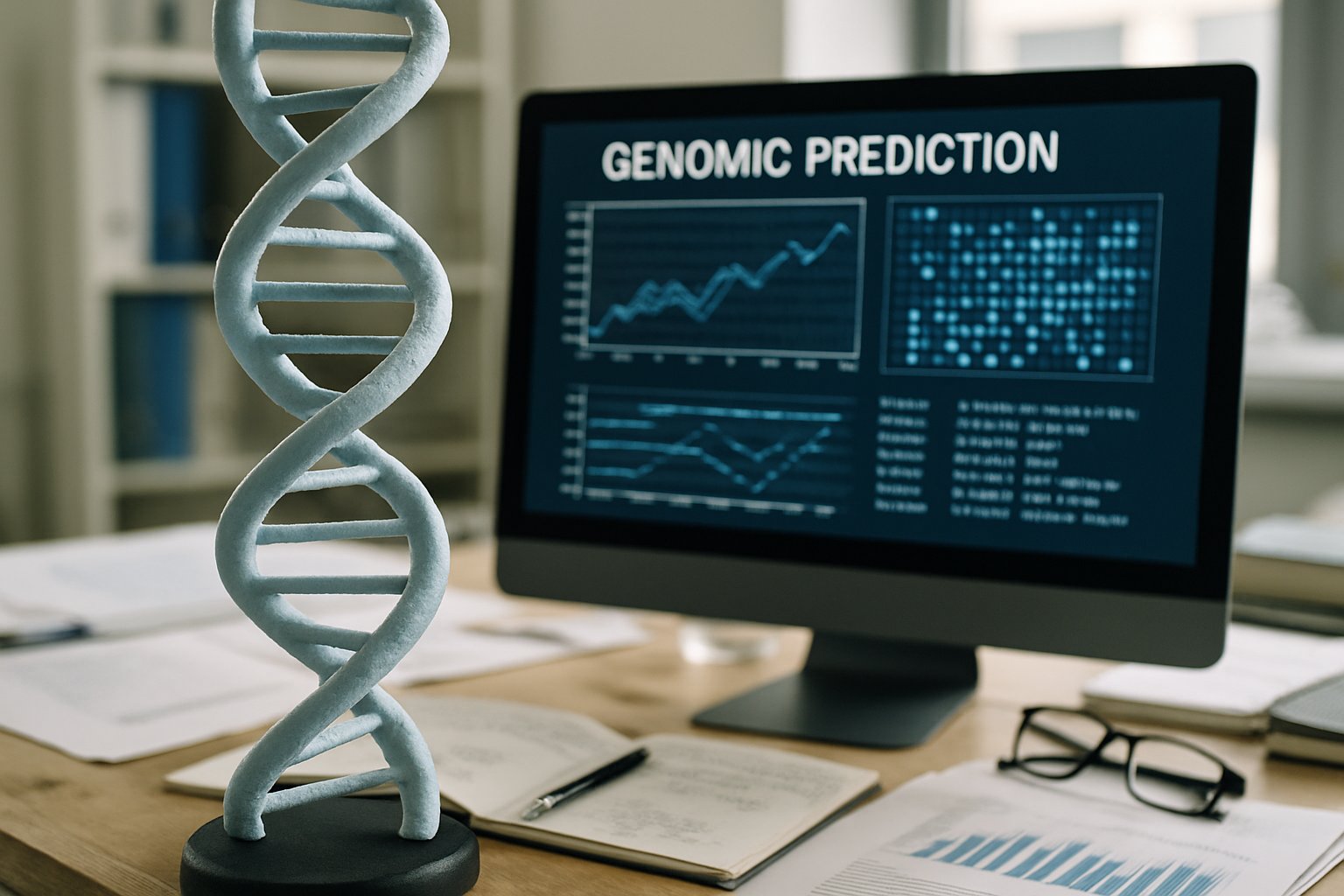 DeepMind AlphaGenome DNA double helix and data analysis realistic photo.