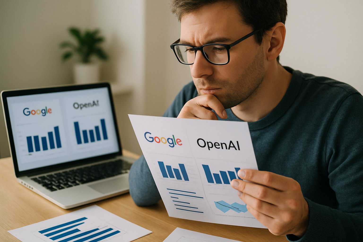 Technology analyst comparing Google vs OpenAI data in office setting.