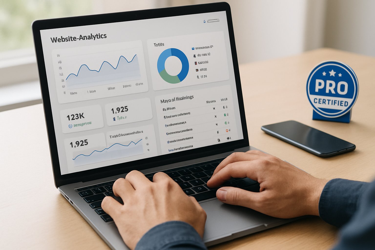 Digital marketing success with analytics dashboard and certification badge.