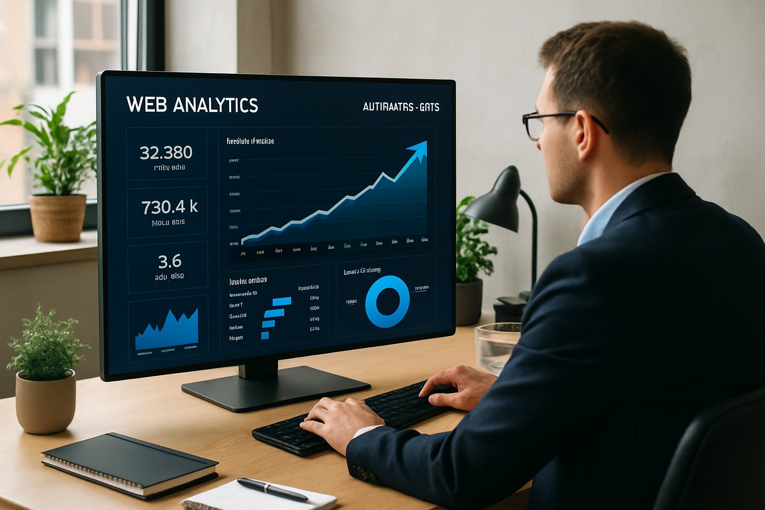 Office professional analyzing 2025 Internet Trends with AI-powered traffic analytics.