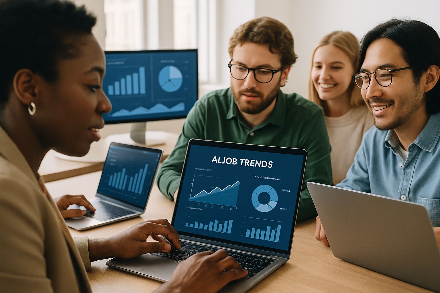 Diverse professionals analyzing AI Job Market data in modern workspace.