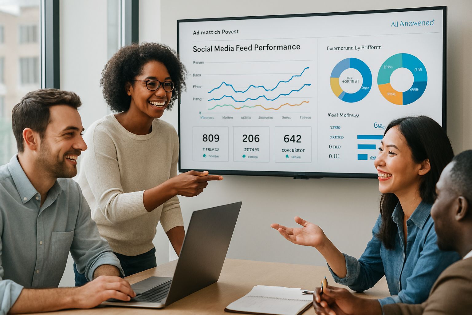 Team analyzing AI Social Feeds analytics in a modern office environment.