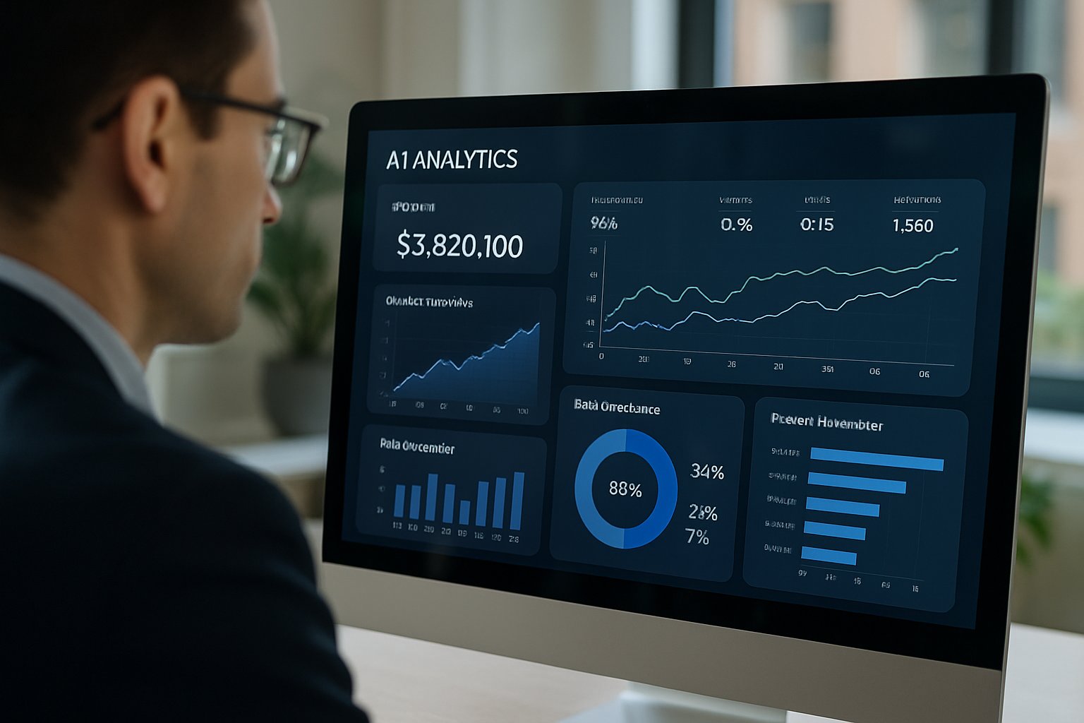Manager analyzing AI Value metrics on a computer dashboard.