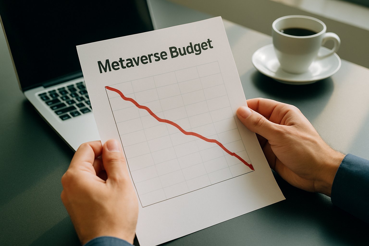 Metaverse Cuts shown by analyst reviewing budget reduction report with downward trend.