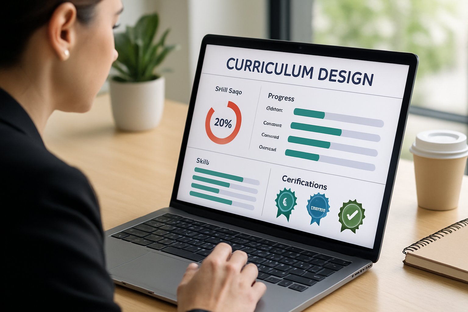 Businesswoman reviewing AI Curriculum Design Engines dashboard with skills intelligence metrics.