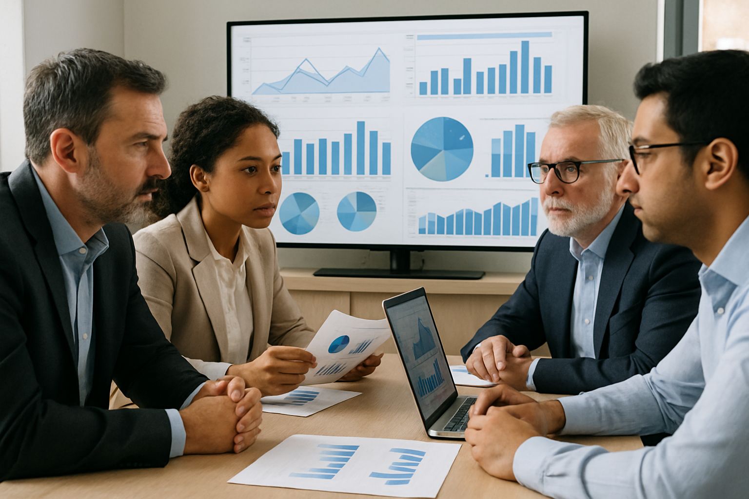 Business team reviews labor displacement forecast with data charts and collaboration.