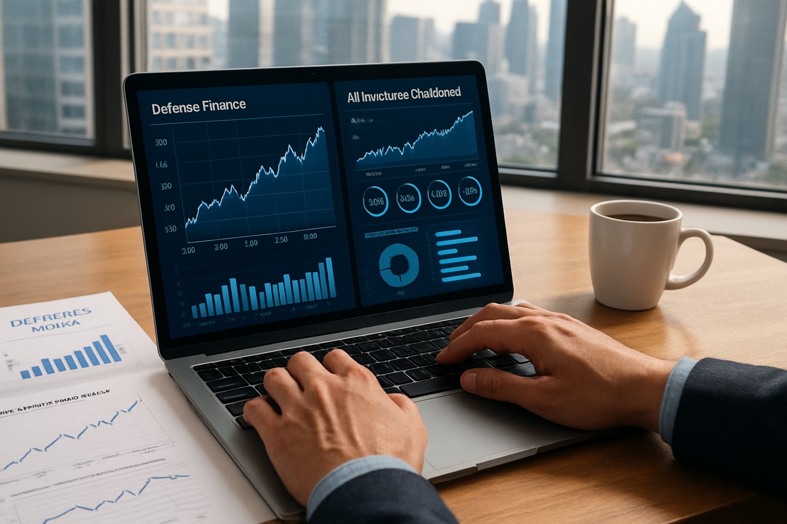 Finance analyst reviewing defense tech finance charts for record 2025 investments.