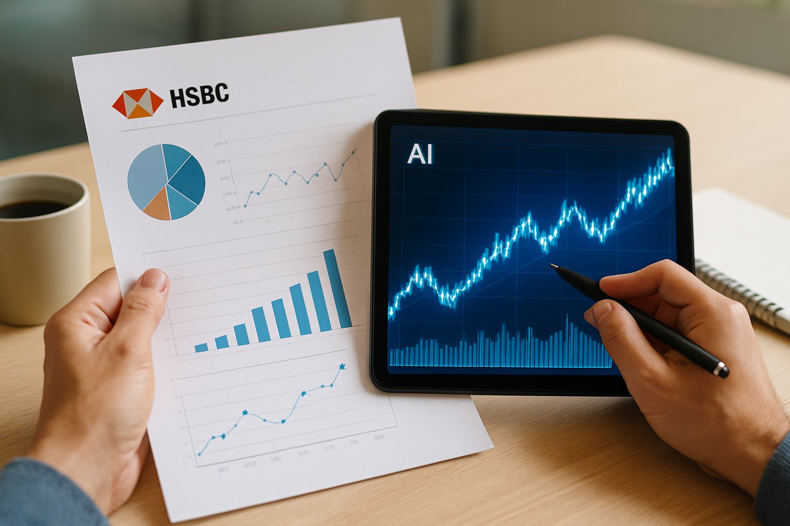 HSBC strategist analyzing AI-led investment shifts on desk with data