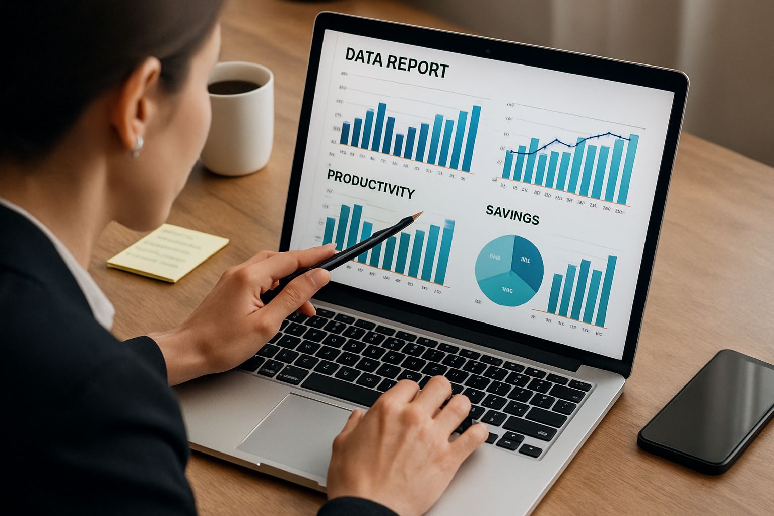 Professional analyzing GenAI Savings reports for productivity gains at work.