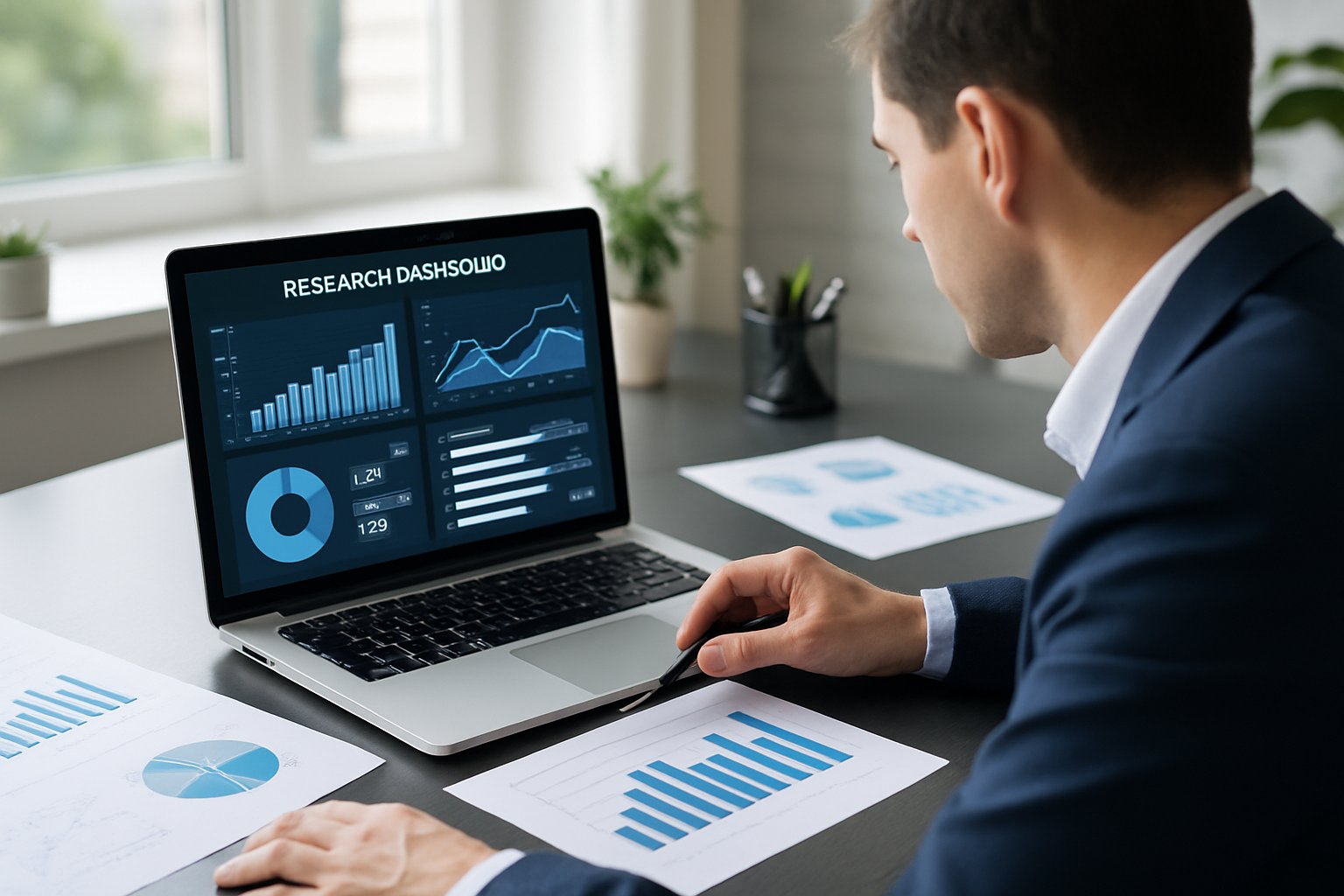 Analyst reviewing Research Intelligence dashboard on modern laptop.