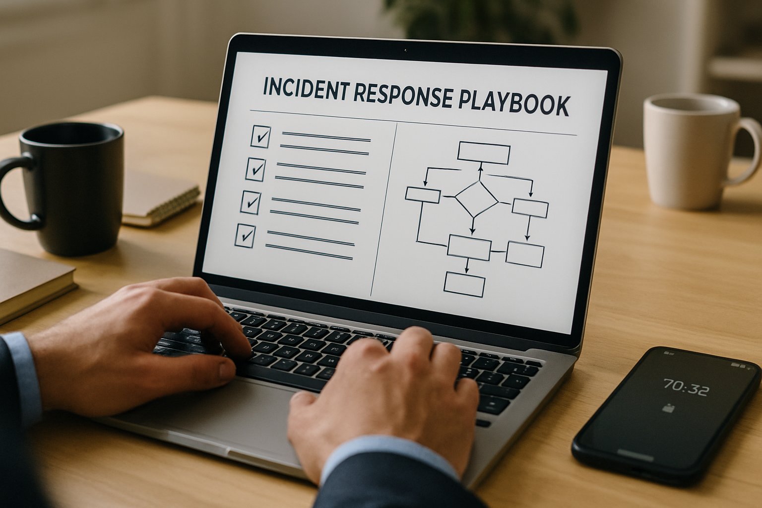 Professional analyzing autonomous incident response playbooks on laptop