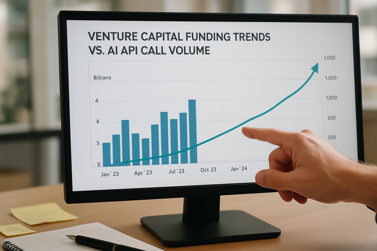 Venture Capital focus on AI API call volume shown in data analytics dashboard.