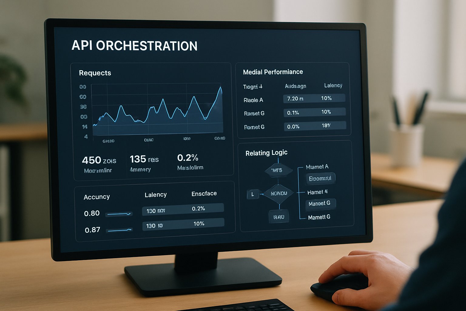 Dashboard interface showing agentic API orchestration layers and performance metrics