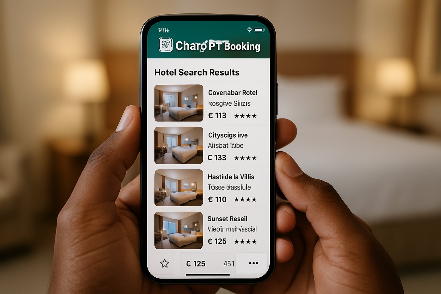 Close-up of ChatGPT Booking app showing multilingual hotel options and loyalty rates.