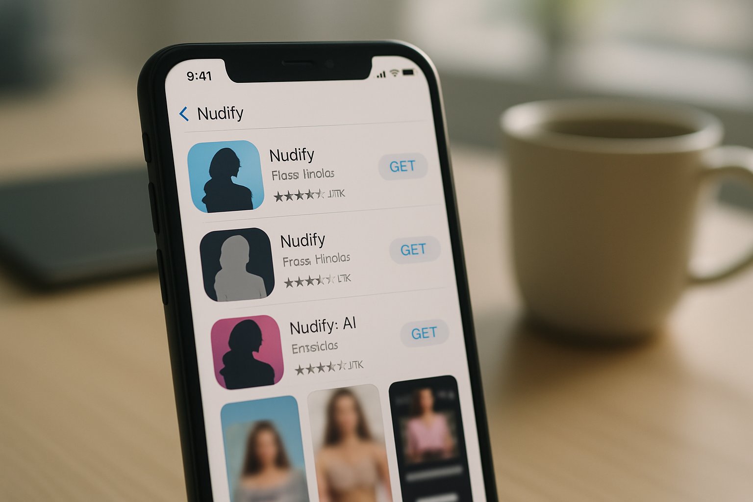 Digital Abuse via deepfake apps in mobile app store listing.