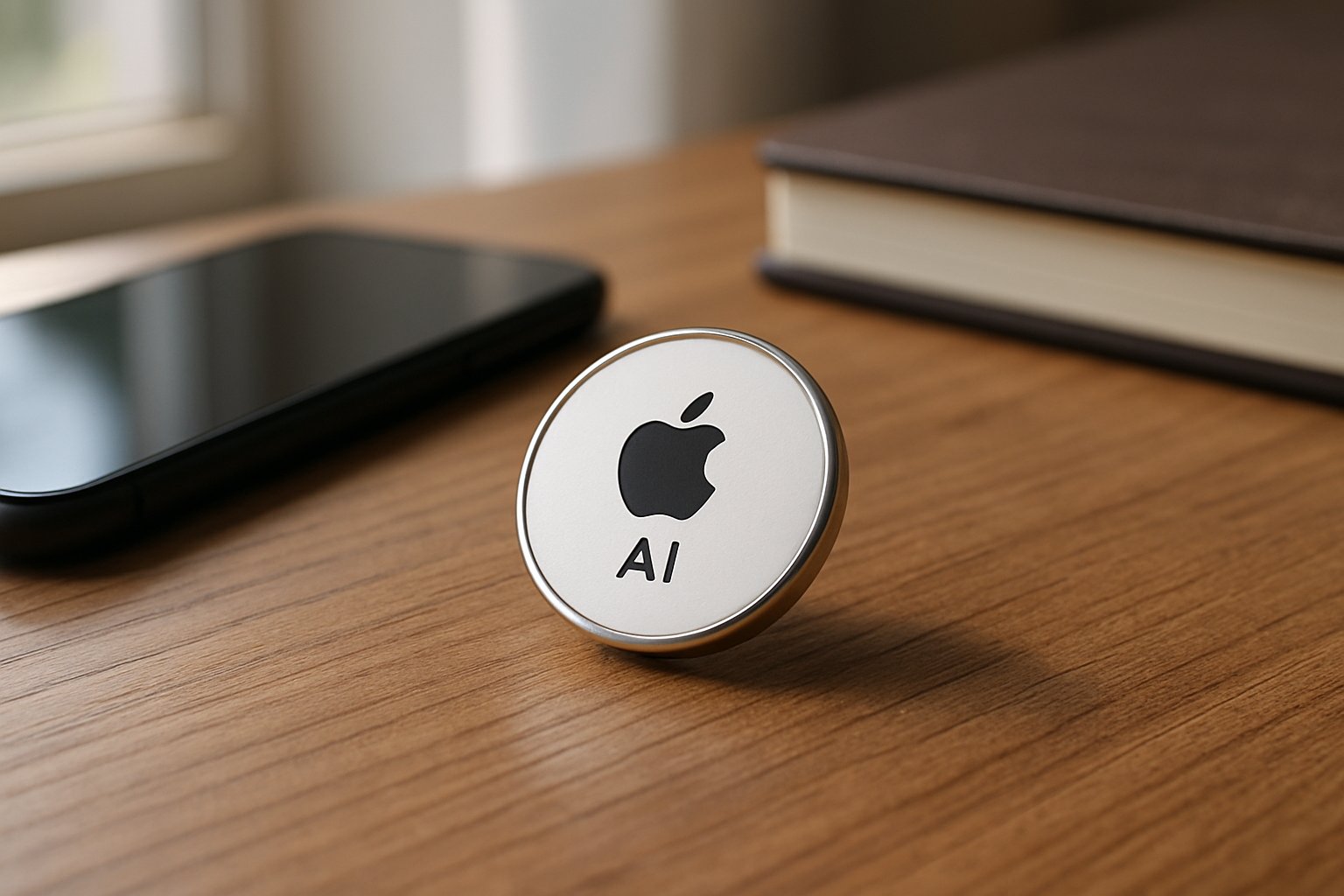 Close-up of Apple AI Wearable pin on desk with iPhone and notebook.