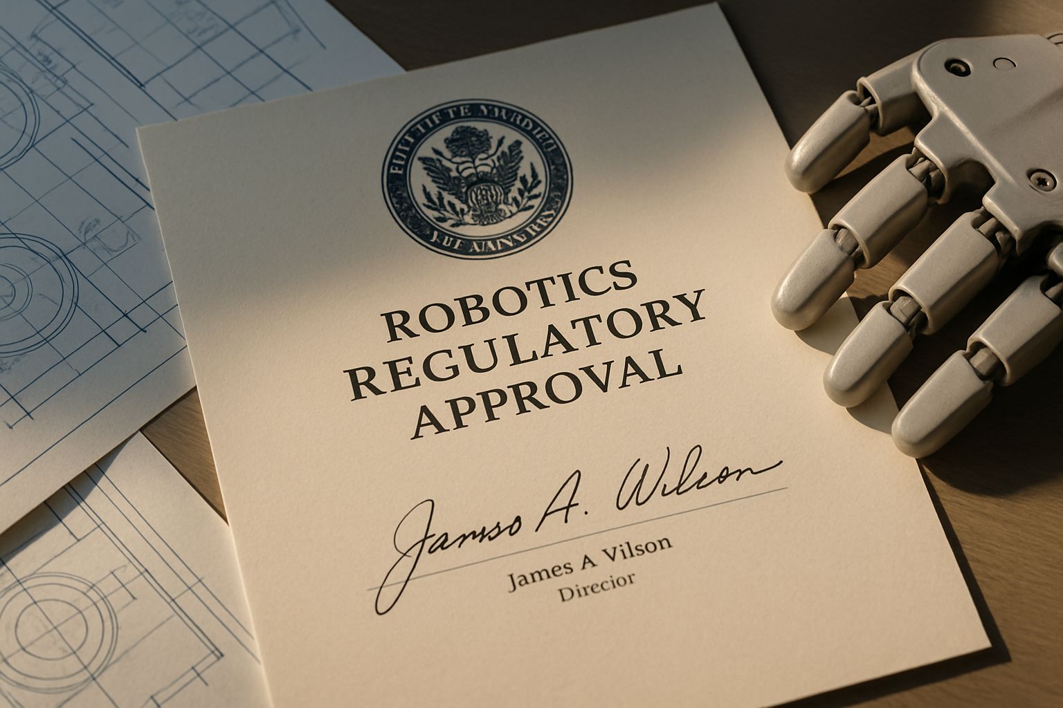 Official Robotics Regulatory Approval document beside robot blueprint