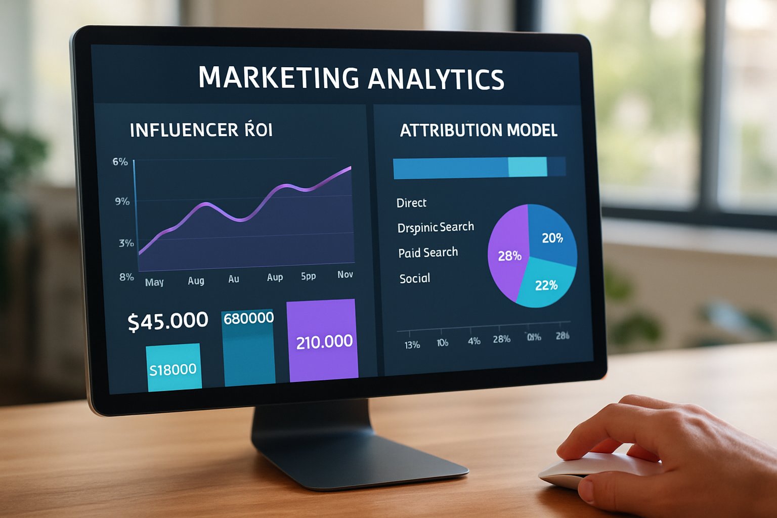 Influencer Performance Attribution Models dashboard with ROI and analytics charts.