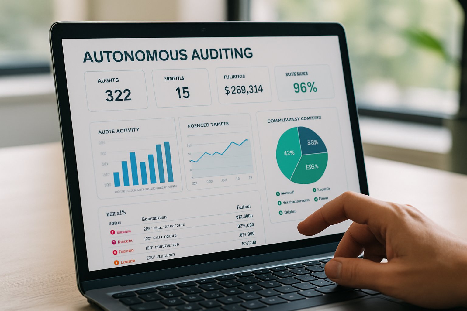 Dashboard of Autonomous Expense Auditing Systems featuring compliance and analytics graphs.