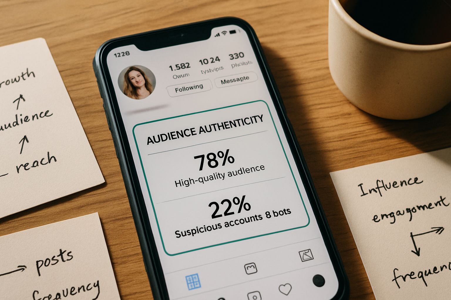 audience authenticity scoring models displayed on phone screen with notes