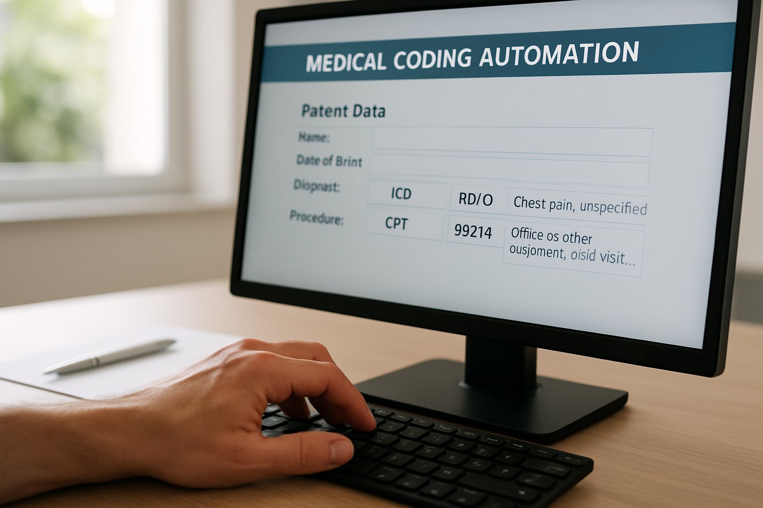 Person entering patient data into medical coding automation systems software.