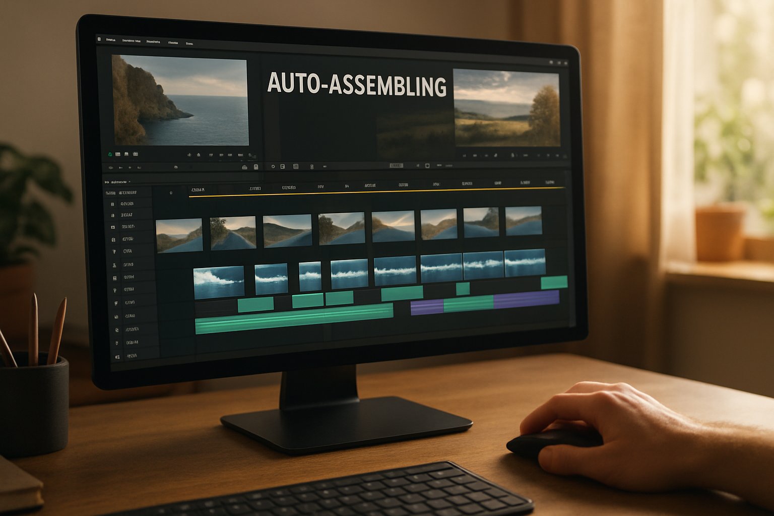 Monitor shows autonomous video editing pipelines assembling video timeline.