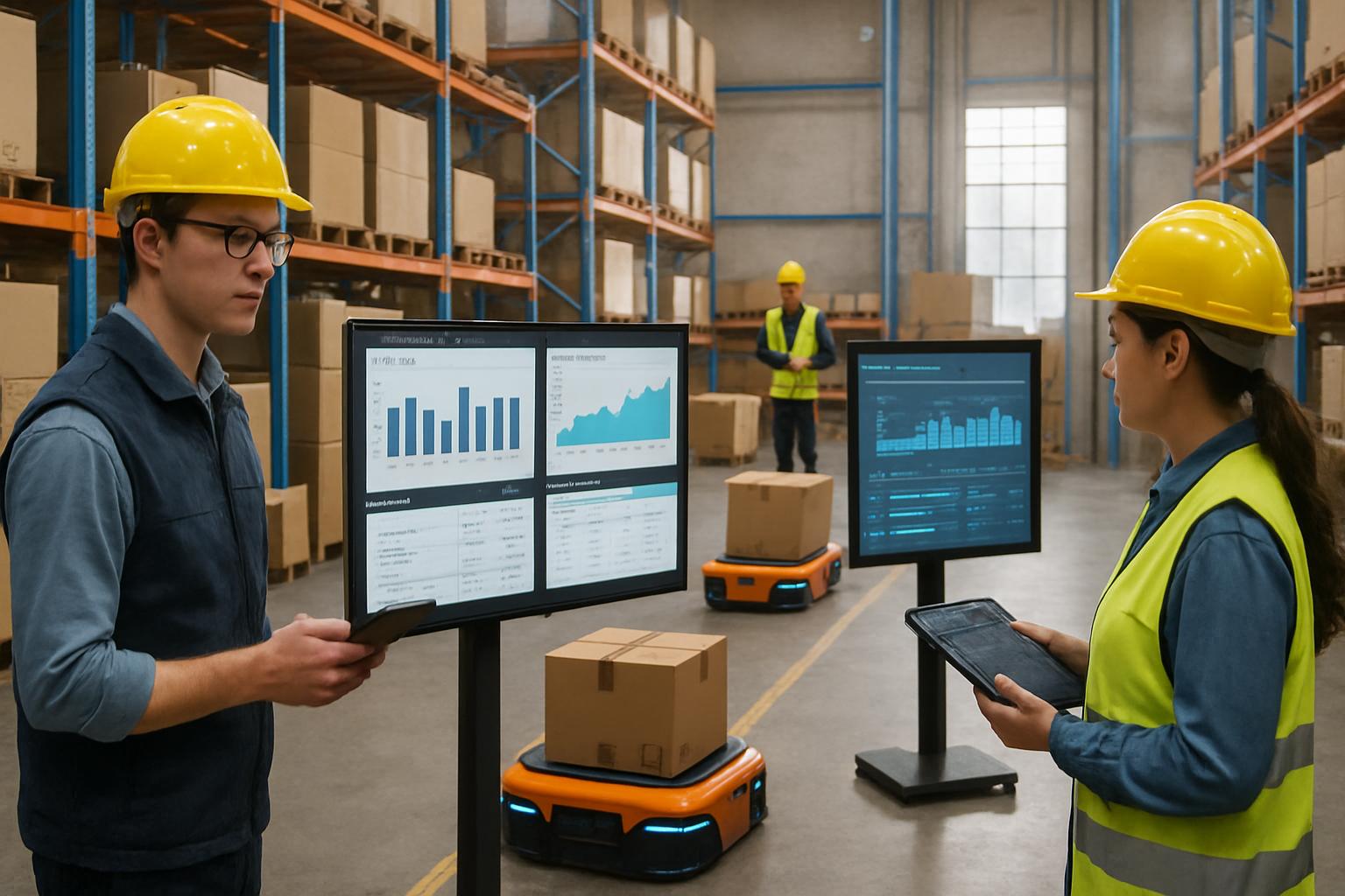 Warehouse automation with predictive demand orchestration systems managing inventory.