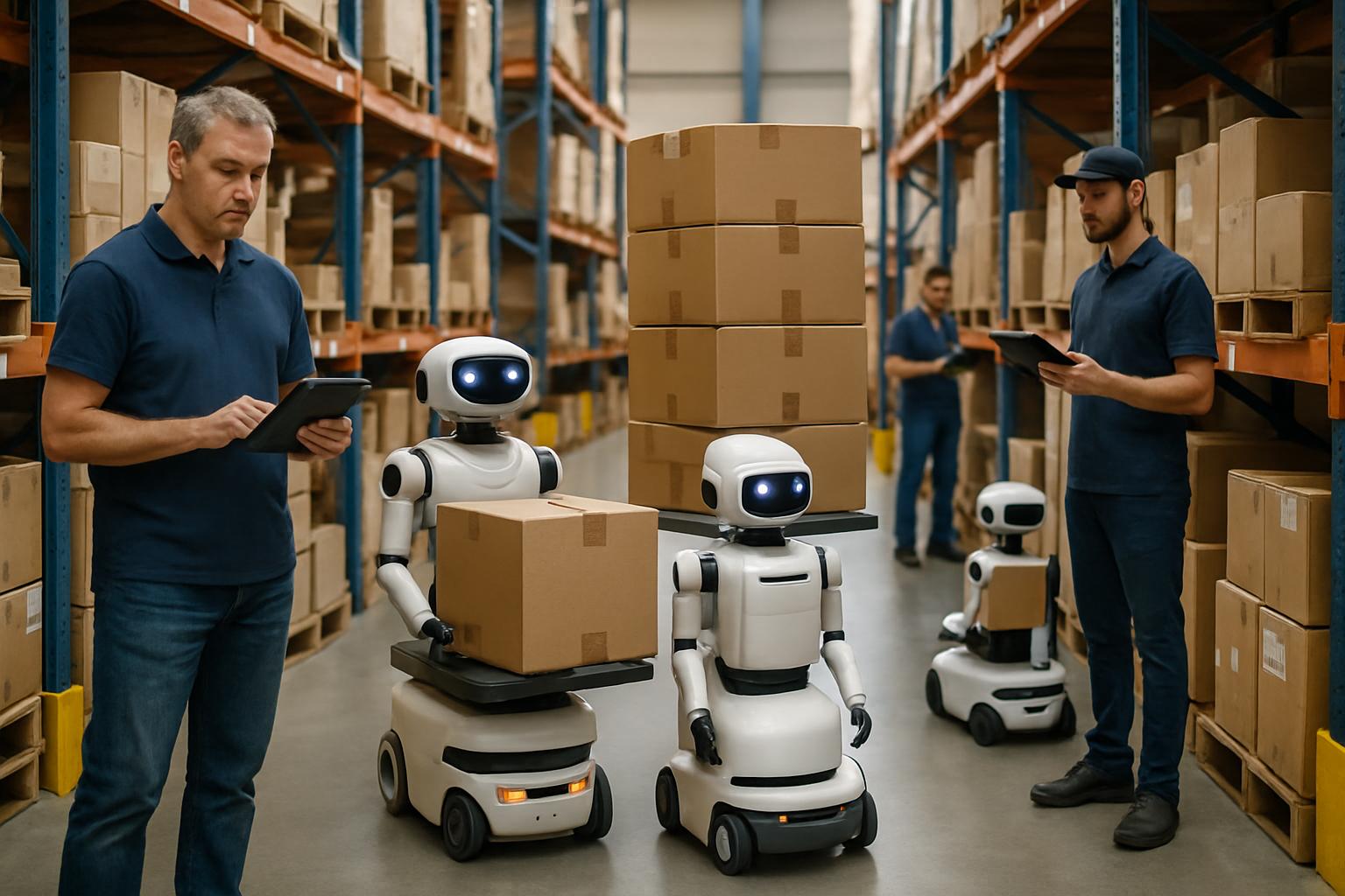 Warehouse with autonomous supply planning agents optimizing workflows and inventory.